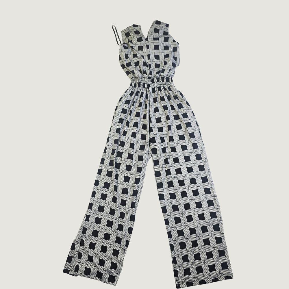 En Focus Women Sleeveless Wide Leg Jumpsuit Size 4 Black White Geometric P57